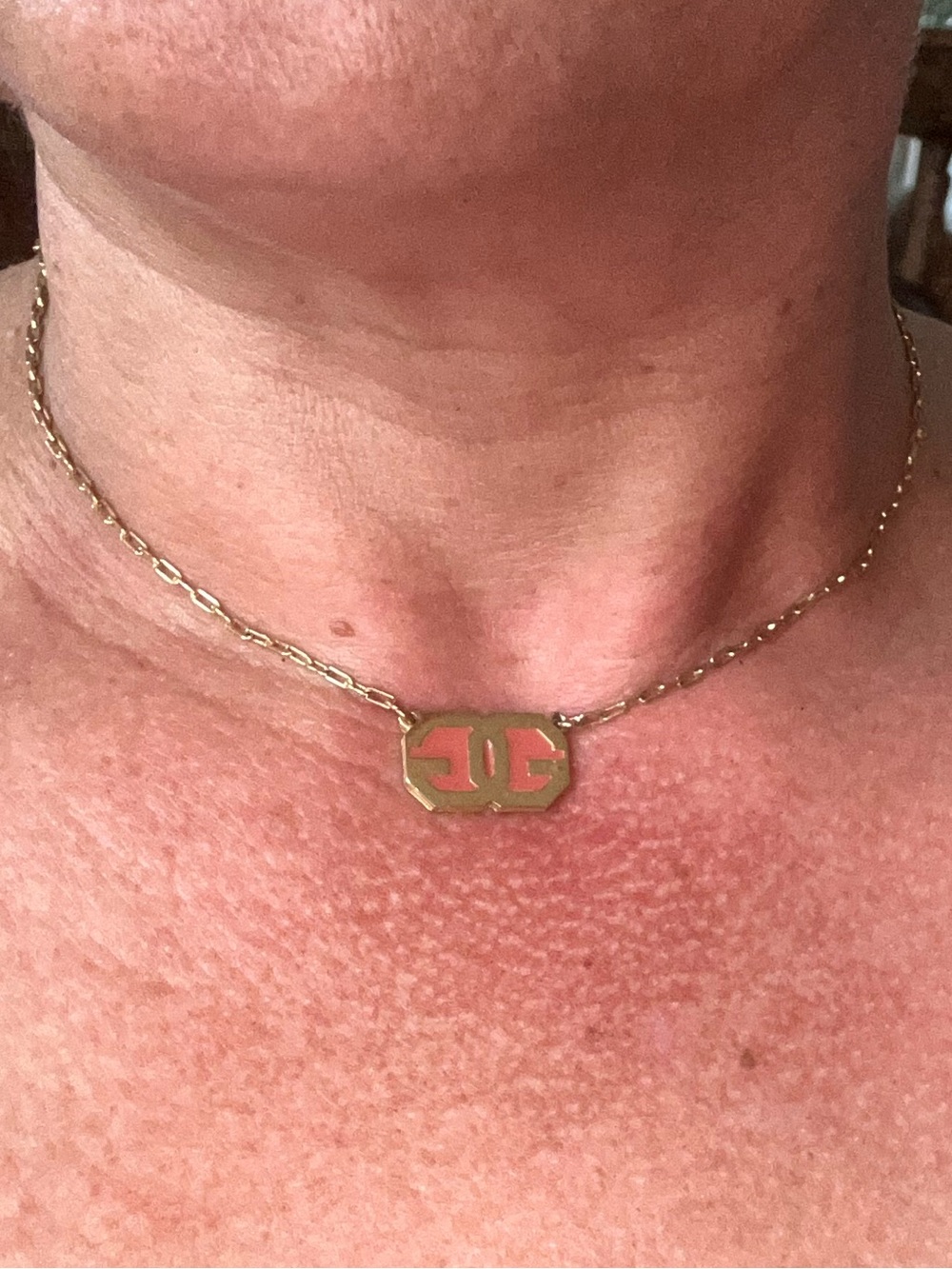 Vintage 1977 Givenchy Gold Choker Necklace w/ PINK Enamel GG Pendant, Authentic